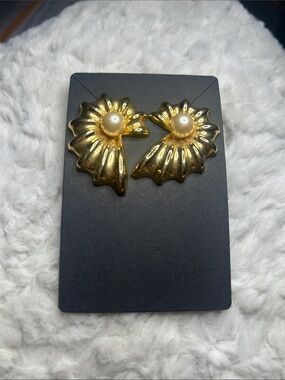 Gold Pearl Accent Floral Earrings - Women Jewelry